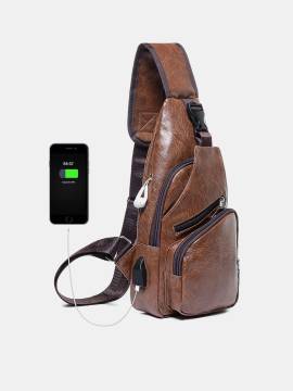 PU-Leder USB wiederaufladbare Brusttasche wasserdichte lässige Schulter Umhängetasche für Herren von Newchic
